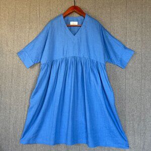 Pavietra 100% Linen Blue Dolman Sleeve Loose Fit Gathered Midi Dress Size Large